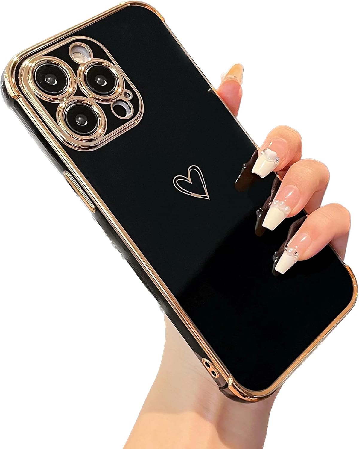 ZTOFERA Funda diseñada para iPhone 14 Pro de 6.1 pulgadas, bonito borde chapado con patrón de corazones de amor con protección para lente de cámara,