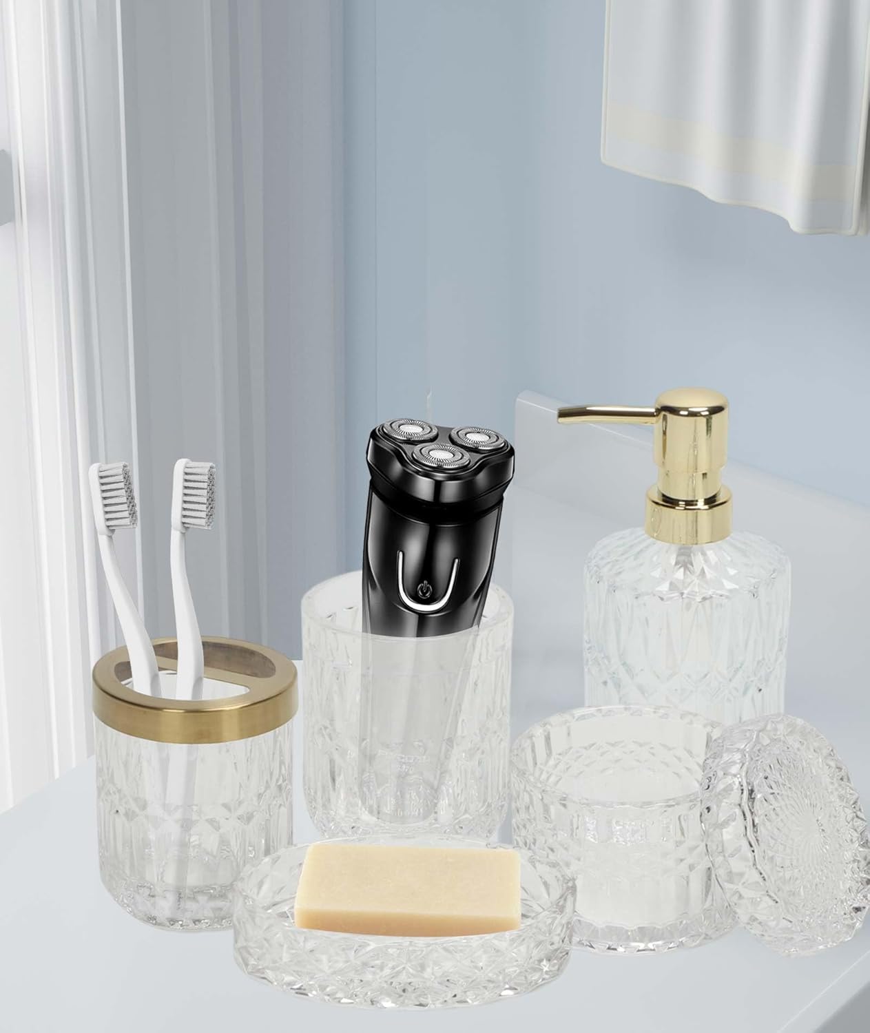 Juego completo de 5 accesorios de baño blancos, soporte para cepillo de dientes, vaso, dispensador de loción, jabonera, frascos de hisopos de