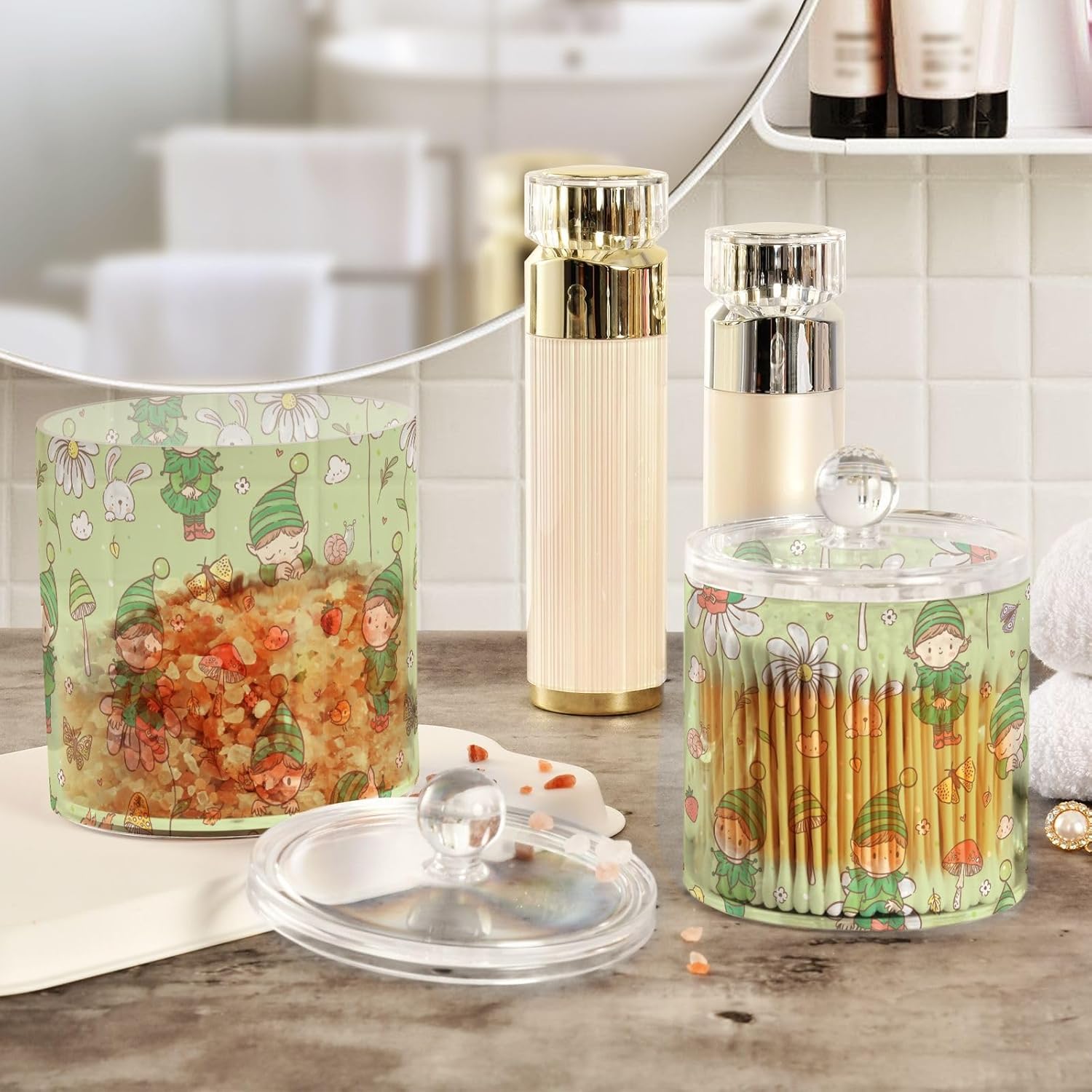 Elf Jars with Lids Plastic Jars Bathroom Containers Canister Jar Cotton Pad Dispenser for Dorm Room Essentials for College Students Girls