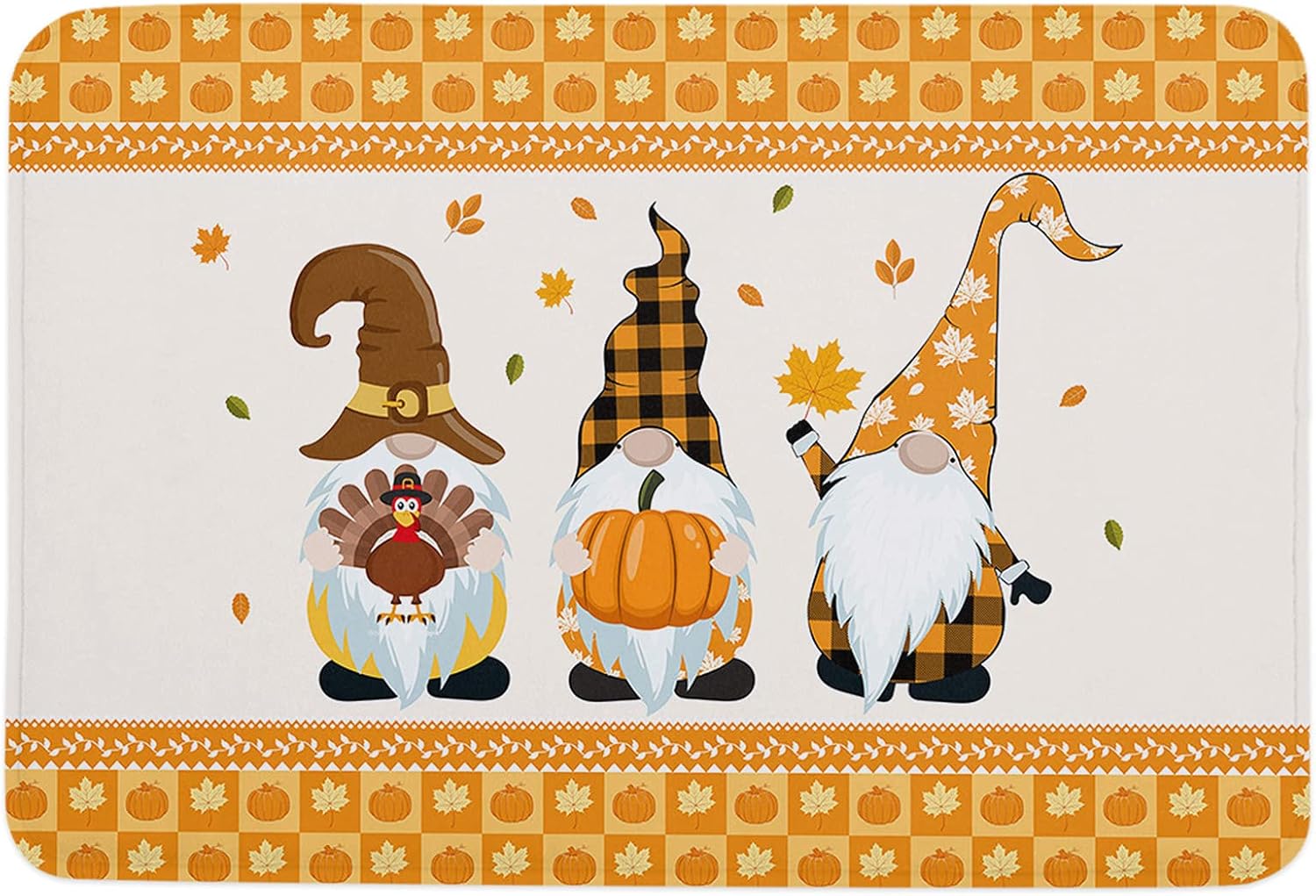 Happy Thanksgiving Durable Bath Mat, Entrance Front Door Rug Shoes Mat Sponge Carpet, Indoor Non Slip Floor Bath Mat – Gnomes with Turkey Pumpkin