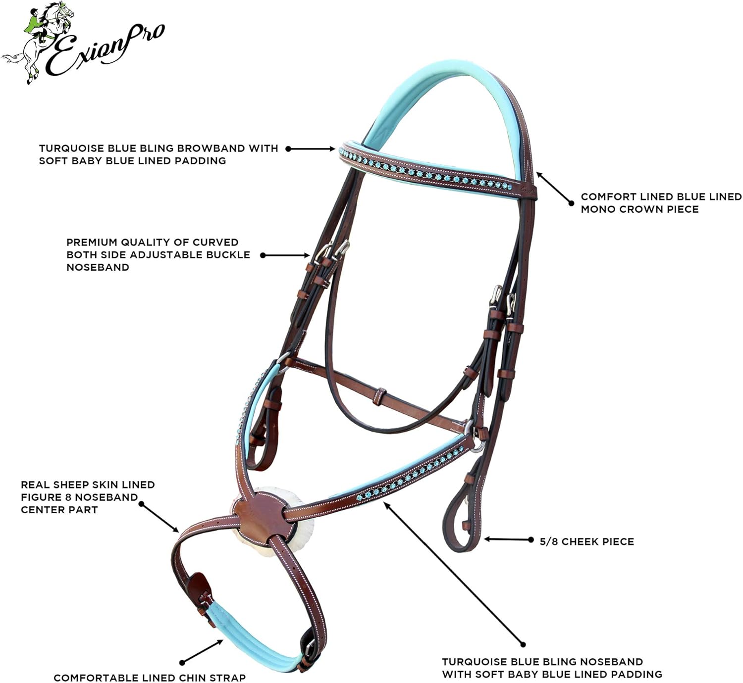 Exion Soft Lined con figura de 8 bridas y riñas de goma para caballos  Figura inglesa 8 Blue Bridle