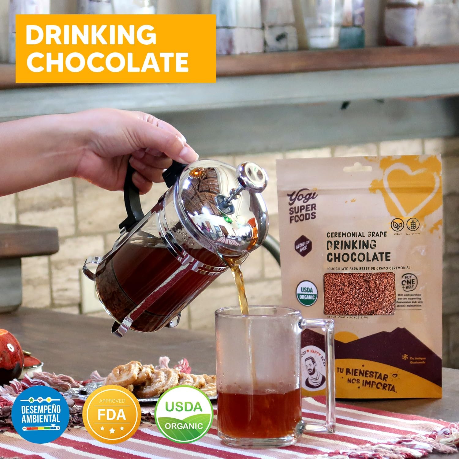 Yogi Super Foods 16 oz de chocolate de grado ceremonial para beber cacao, café alternativo sin cafeína, bebida de cacao orgánico sin azúcar,