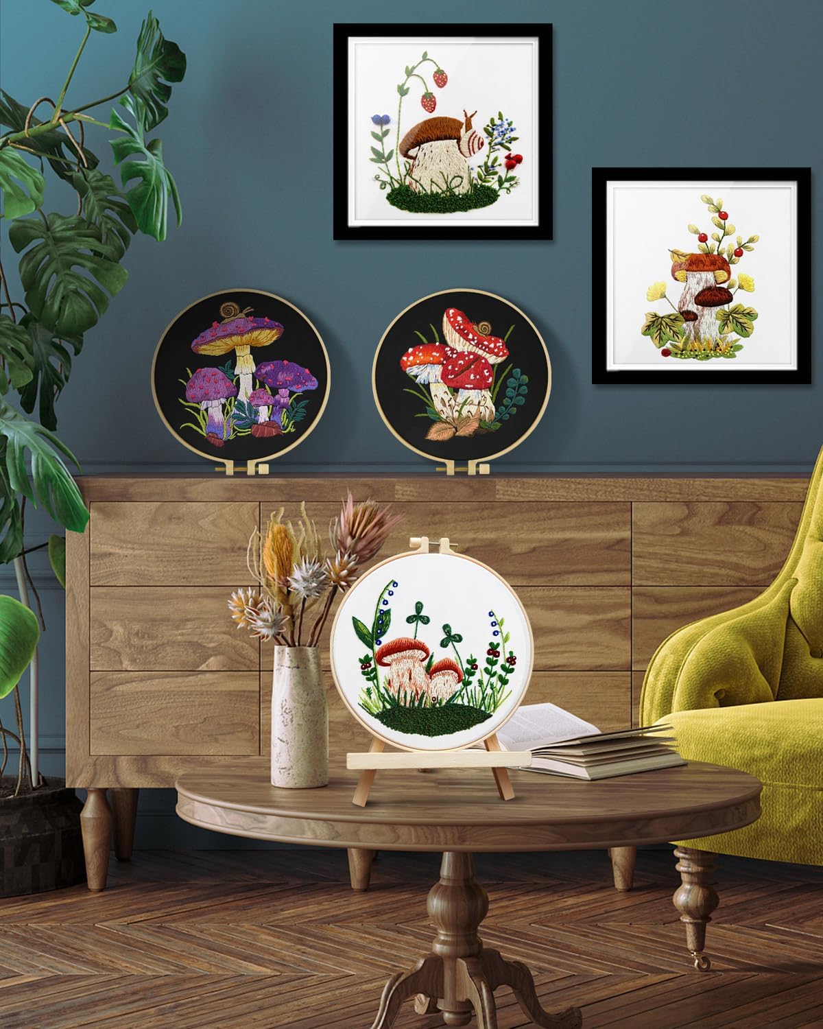 TINDTOP Kit de bordado para adultos para principiantes, 5 juegos de bordado de hongos para principiantes, incluye aros de tela bordada, hilos para