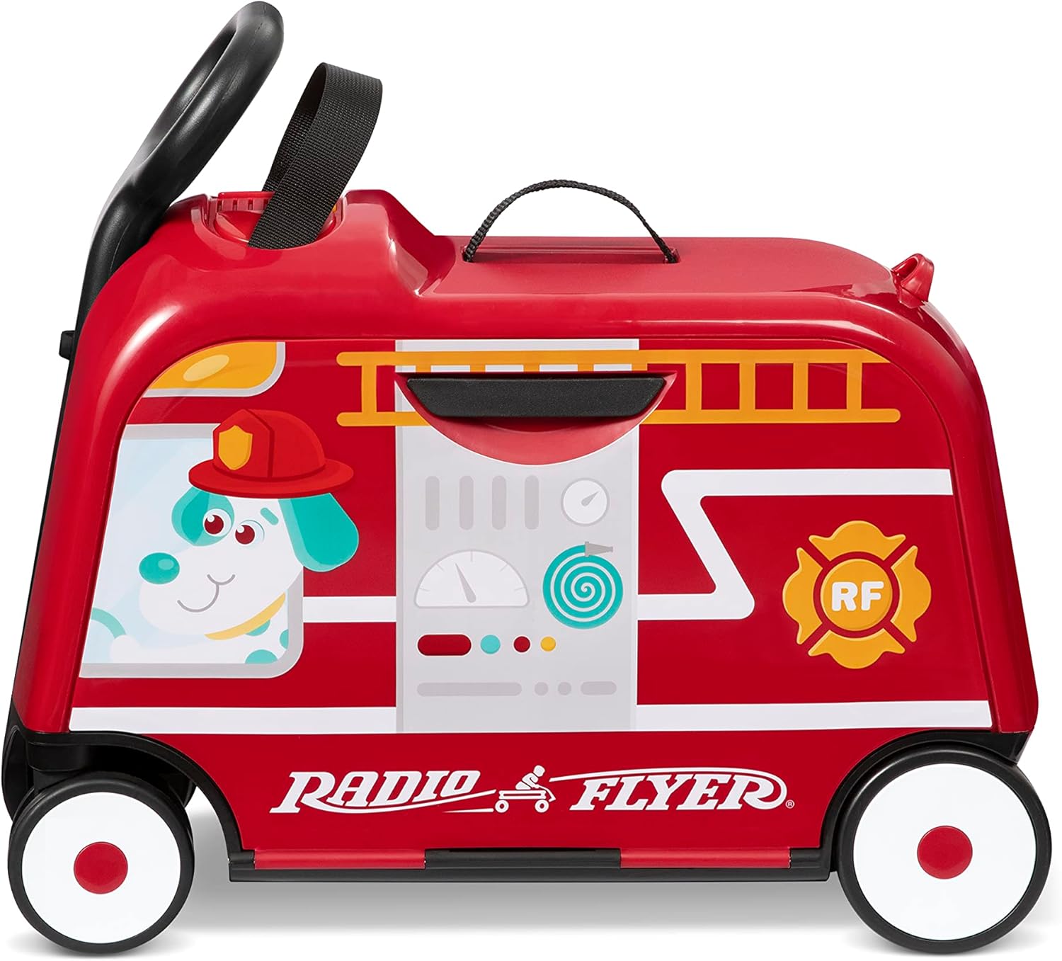 Radio Flyer Camión de bomberos Happy Trav’ler 3 en 1 con luces y sonidos, juguete para llevar, almacenamiento de mano para niños pequeños, edades de