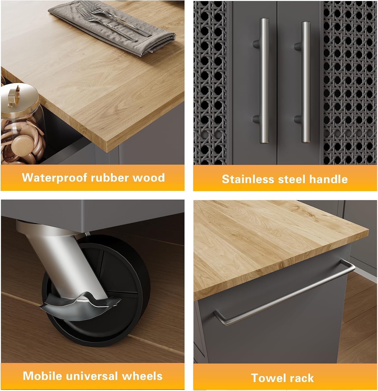Tornama Isla de cocina con almacenamiento, isla de cocina rodante sobre ruedas con encimera de madera maciza, carrito de isla de cocina con gabinete