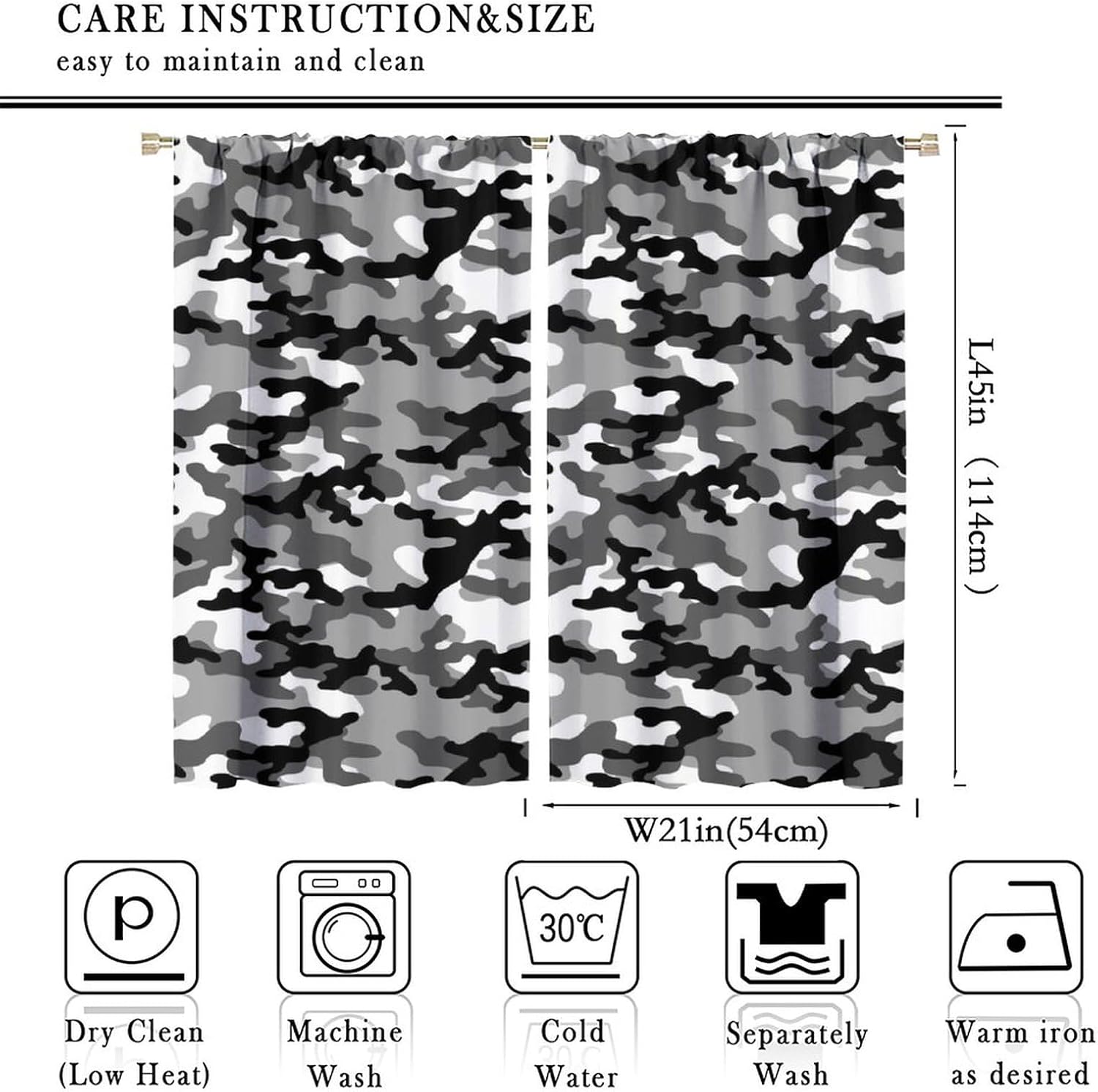 Cortinas de camuflaje gris militar, arte de camuflaje negro, blanco, gris, cortinas opacas con bolsillo para barra, para dormitorio, sala de estar,