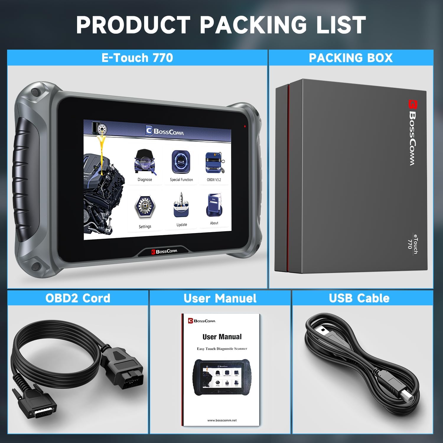 Herramienta de escaneo eTouch770 de pantalla táctil de 7 pulgadas, todo el servicio del sistema 6 (restablecimiento de aceite, ABS, acelerador, SAS,