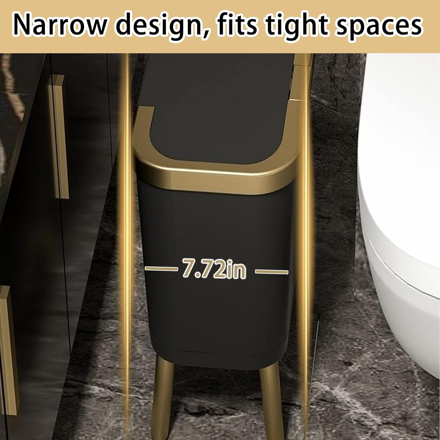 URALFA Basurero de cocina con tapa, bote de basura delgado negro con borde dorado, moderno cubo de basura de plástico para dormitorio, sala de