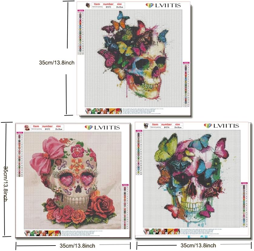 Kits de pintura de diamantes de Halloween para adultos, paquete de 3 kits de arte de diamantes 5D de calavera, arte de gemas de taladro redondo