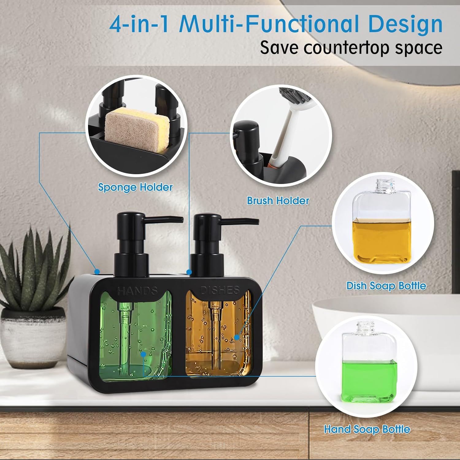 Juego de dispensador de jabón de cocina, con jabón de manos y platos, organizador de esponja y soporte para cepillo 4 en 1, dispensador de jabón