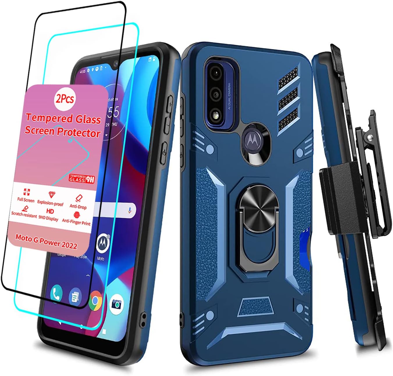 Funda para Motorola Moto G Power 2022 con protector de pantalla Moto G Power 2022 con clip para cinturón Moto G Power 2022 con soporte para anillo,