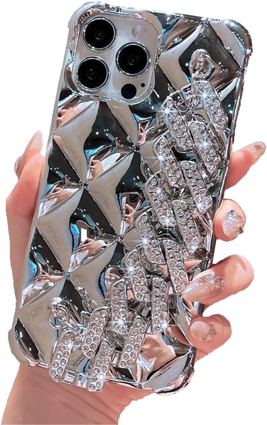 aowner Funda compatible con iPhone 15 Pro, correa de mano de lujo para mujeres y niñas, soporte de muñeca de cristal de diamante con purpurina 3D,