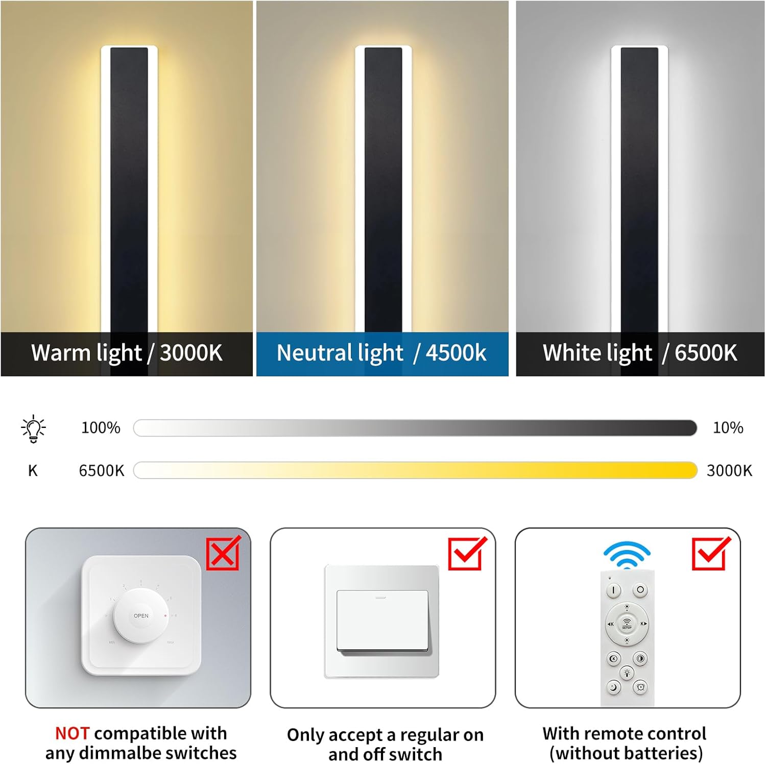 Apliques de pared regulables para exteriores de 71 pulgadas con control remoto, modernos montados en la pared con 3 colores (3000 K4500 K6000 k),