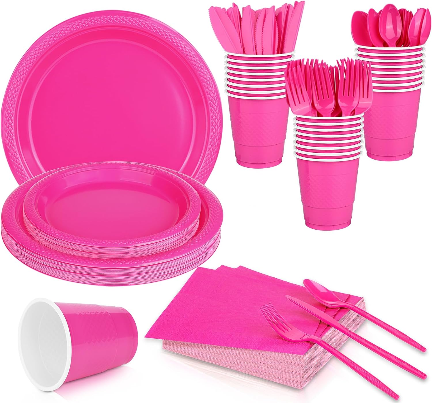 TWOWYHI 175 platos de plástico rosa intenso, suministros de fiesta para 25 invitados, color rosa intenso de 9 pulgadas, platos de plástico rosa