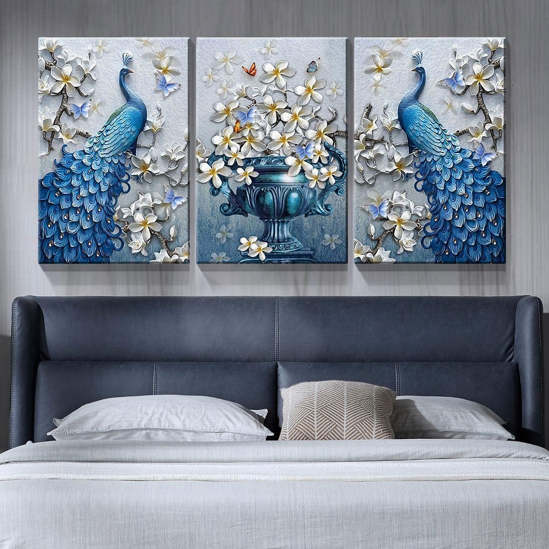 Denozer – 3 paneles de cuadros de arte de pared en lienzo de pavo real – Cuadros elegantes de flores de pavo real sobre lienzo, decoración de pared