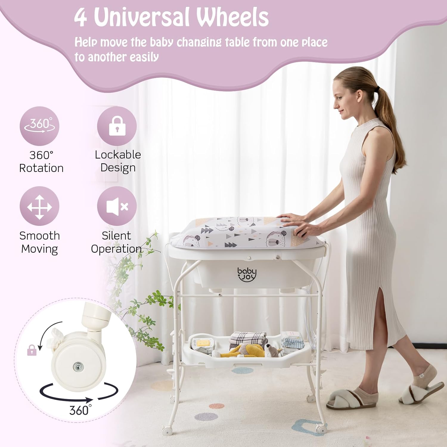 BABY JOY Bañera para bebé con cambiador, estación plegable para cambiar pañales con bandeja de almacenamiento, almohadilla impermeable, organizador