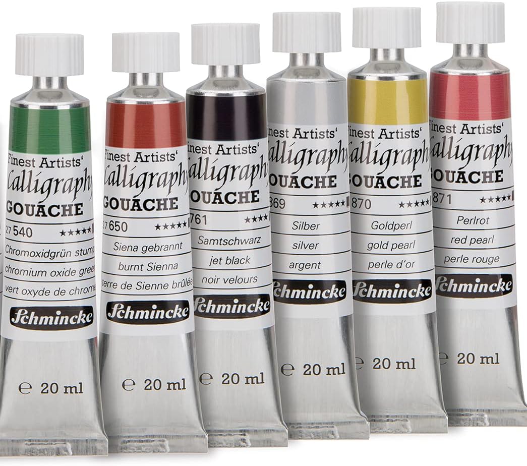 Schmincke – Caligrafía Gouache, tubos de 12 x 0,68 fl oz  0.7 fl oz, 72 028 097, 12 mejores colores de caligrafía en caja de madera, brillante,