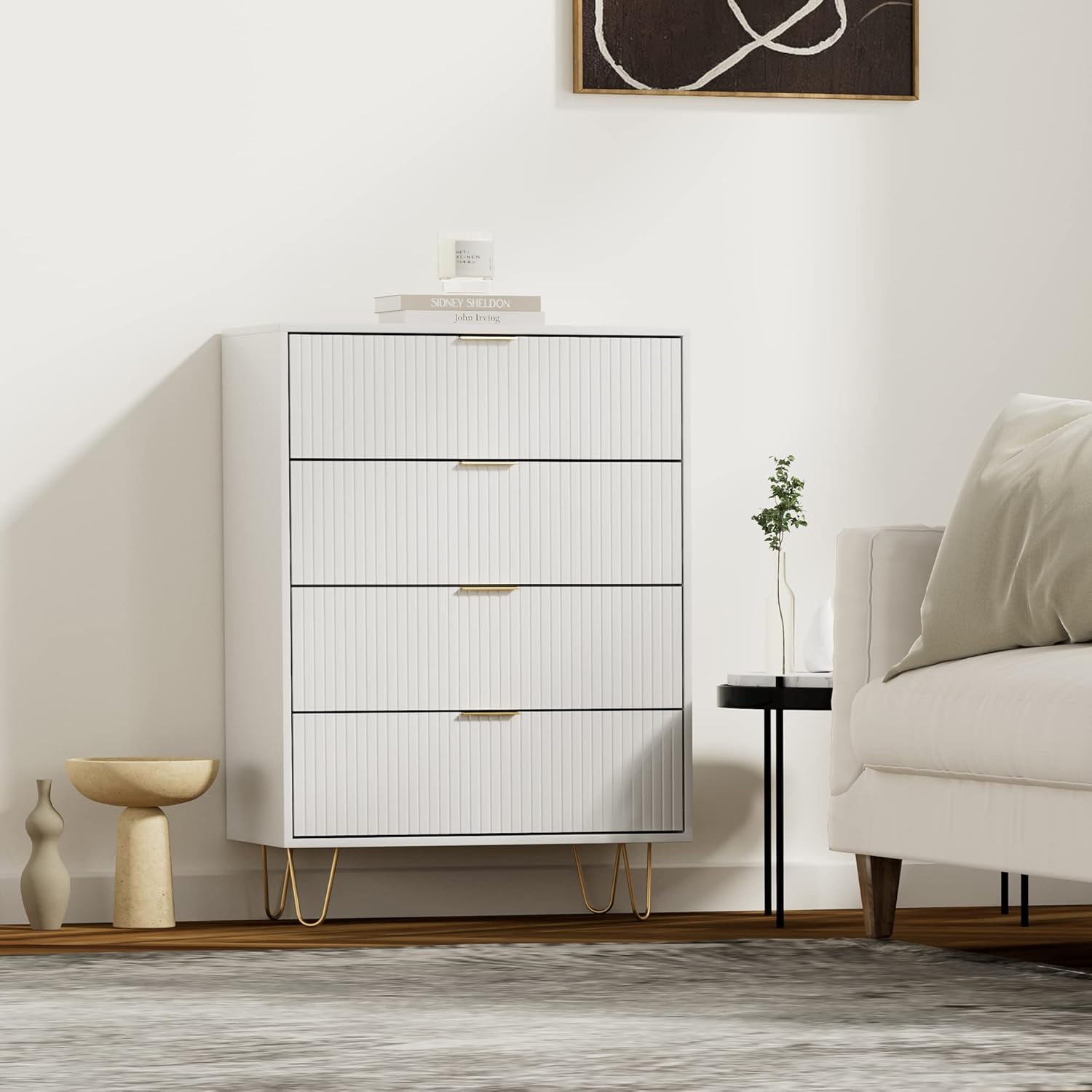 Cómoda de 4 cajones, cajón, armario de almacenamiento alto con patas de metal, cómoda pequeña para dormitorio, sala de estar, armario, pasillo,
