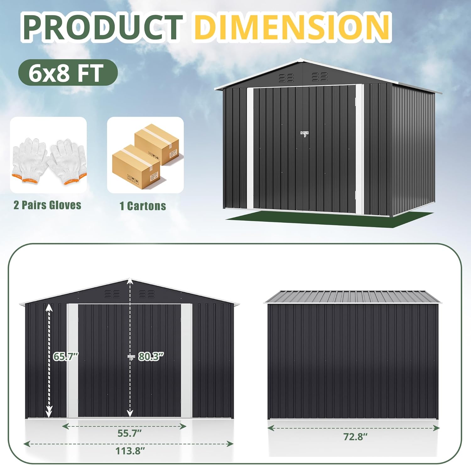 Cobertizo de almacenamiento para exteriores de 5.6 x 8 pies, cobertizo de jardín de metal con estructura de marco actualizada y puertas con