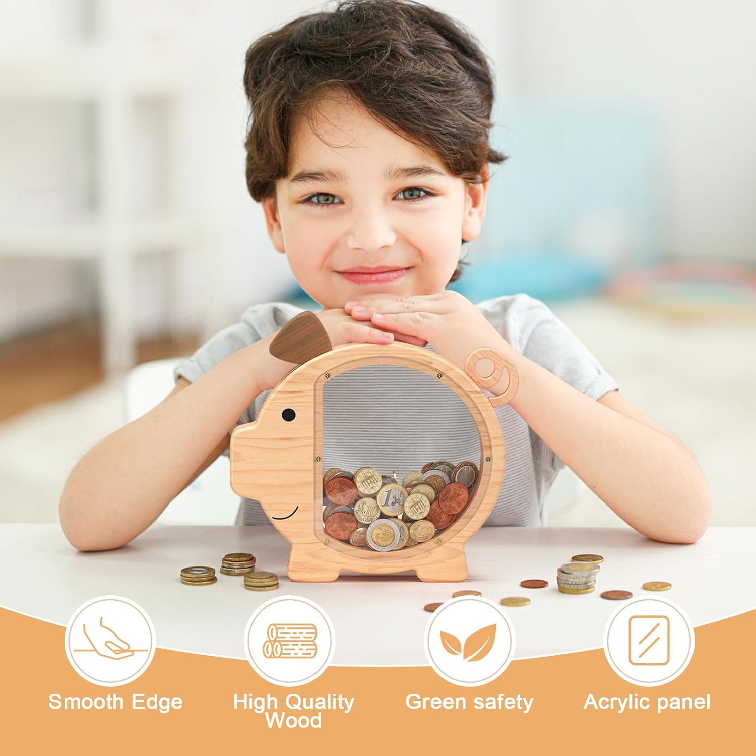 Summidate Alcancía de madera para niños, bonita caja de dinero para niños y niñas, banco de monedas de madera irrompible, tarro de dinero de ahorro