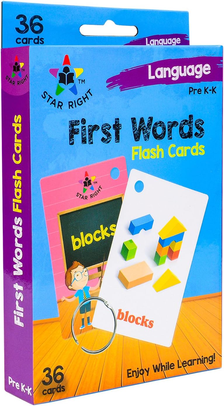 Star Right First Words – Tarjetas flash con arte realista, 36 tarjetas, con 1 anillo, para edades de prekínder y K