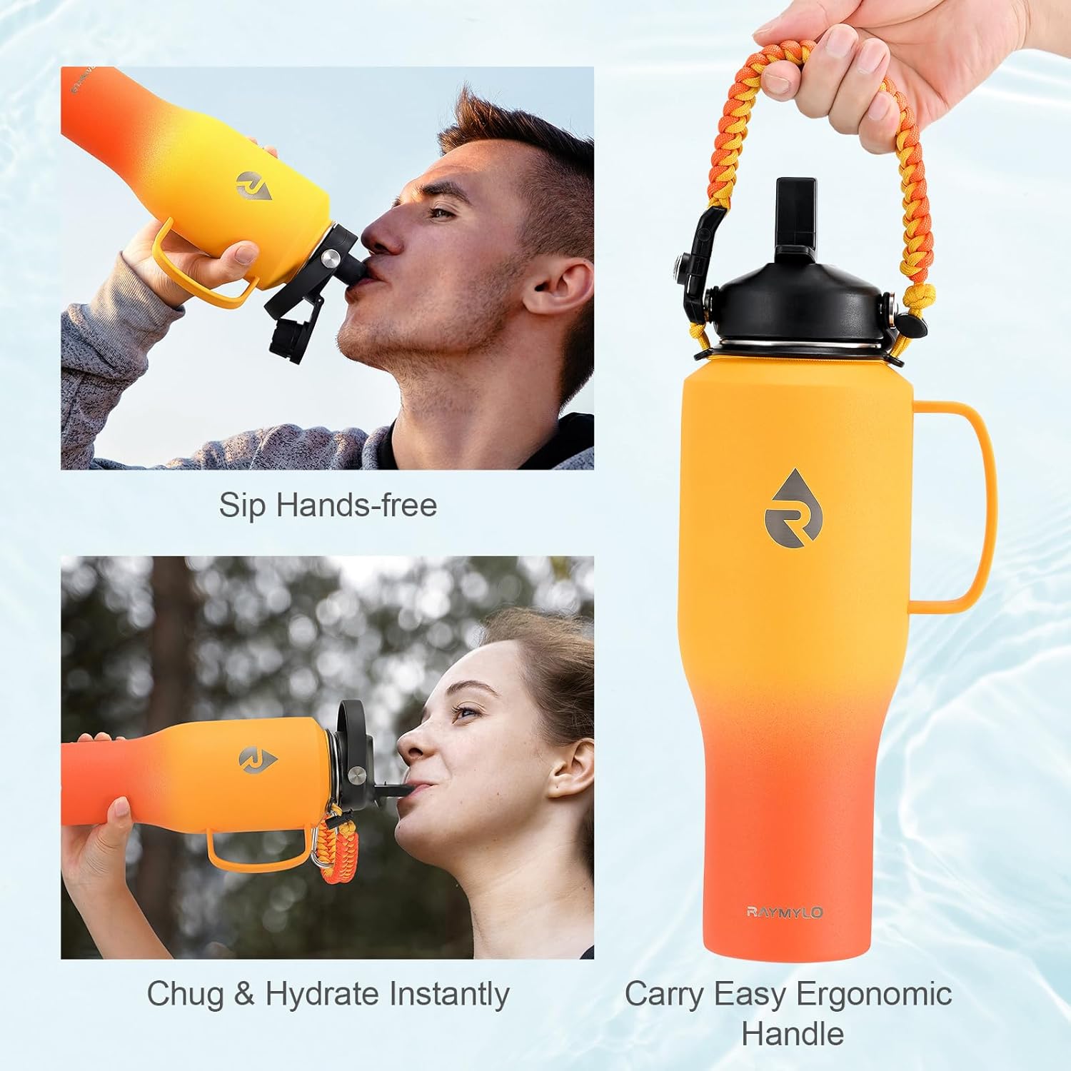 Botella de agua de 40 onzas, vasos aislados con asa, tapa de popote y mango de paracaídas, triple pared al vacío, acero inoxidable de grado