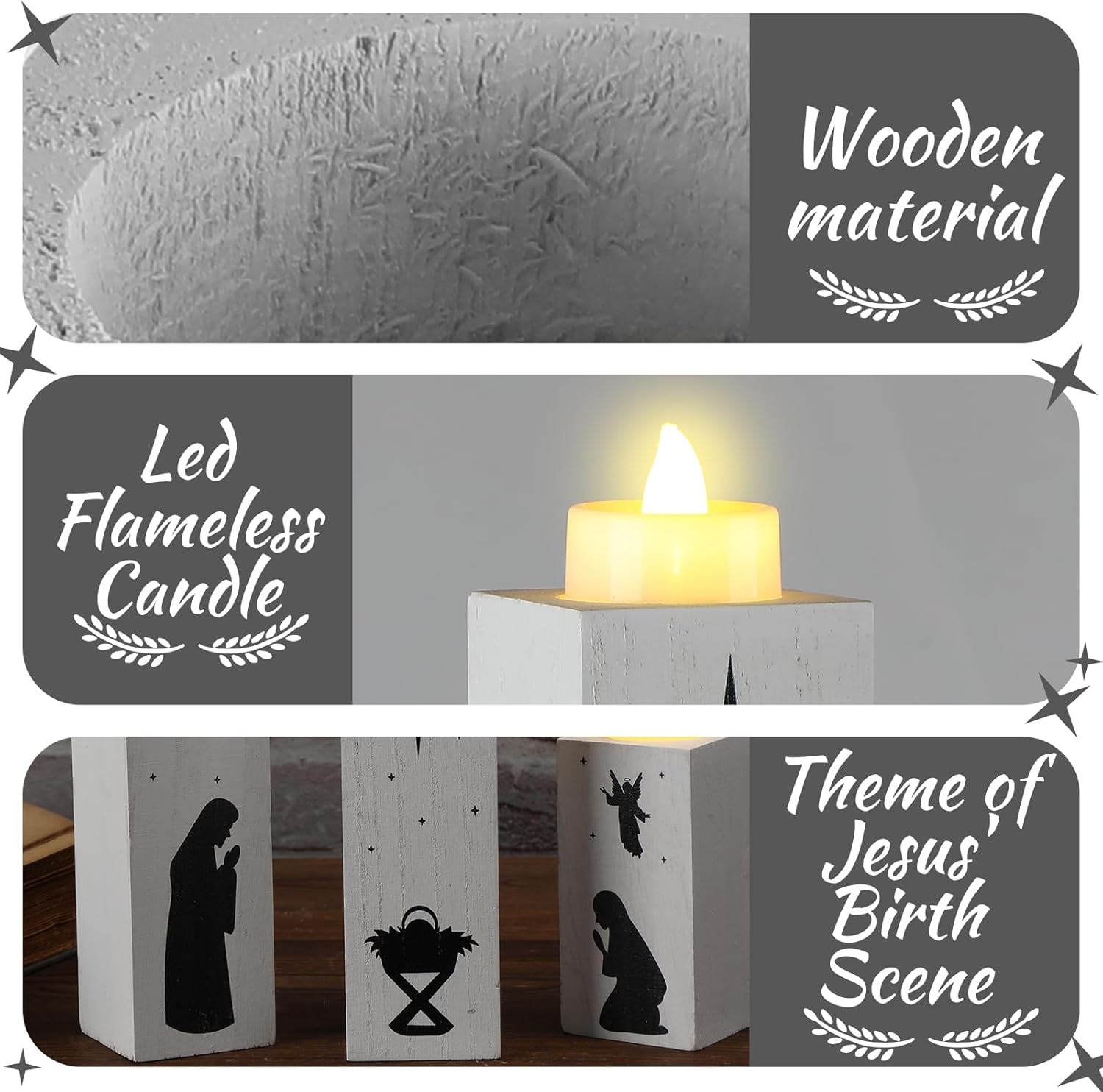 3 portavelas de Navidad con 6 velas de Adviento de Navidad, portavelas sin llama, belén, mesa de madera, centro de mesa, candelabros de Navidad para