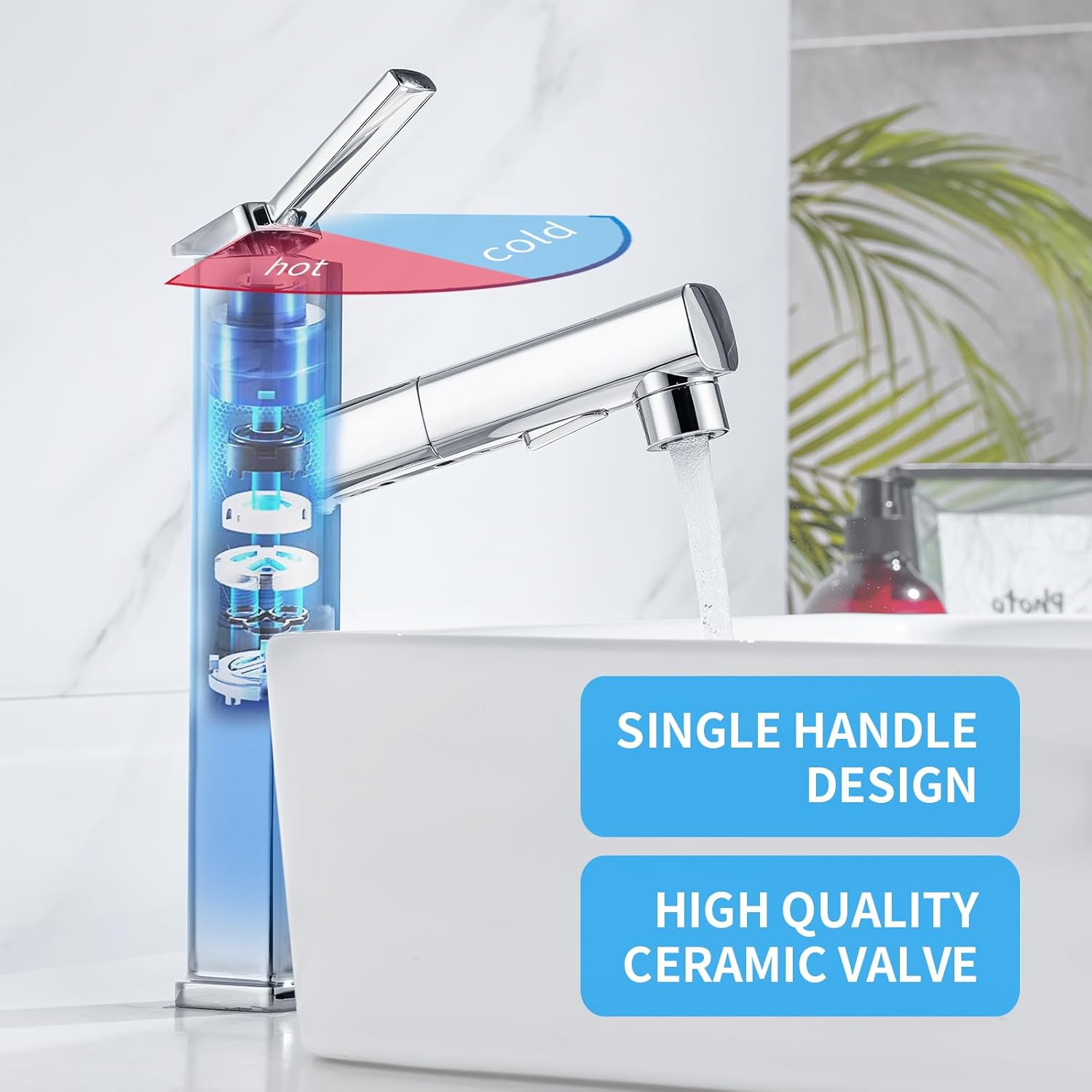 HANLIAN Grifo extraíble de baño de un solo orificio con boquilla giratoria, grifo de una manija para fregadero de baño, grifo de baño moderno con
