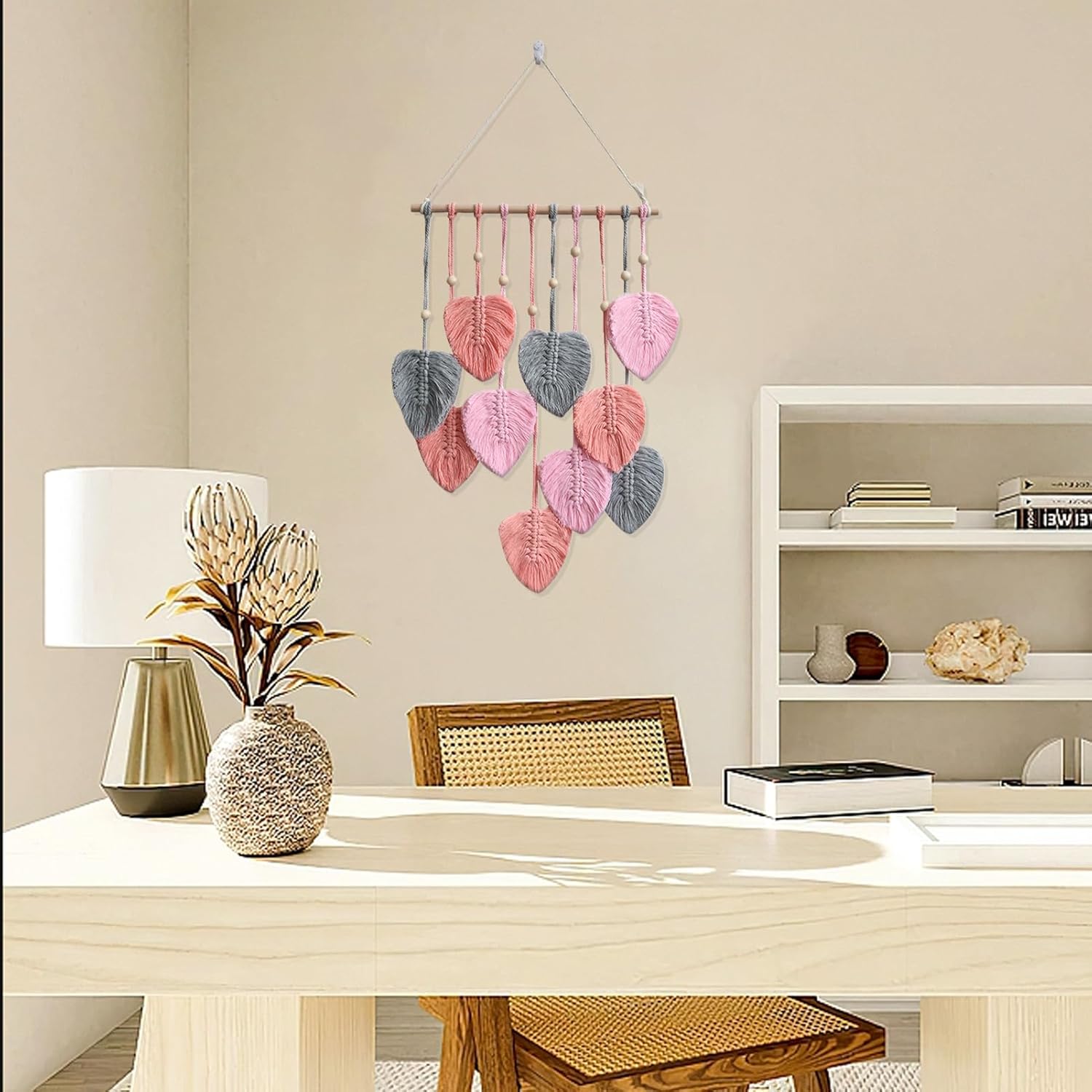Tapiz de hojas bohemio para colgar en la pared, tapiz para colgar en la pared, hilo tejido de plumas hechas a mano, tapiz bohemio, decoración de