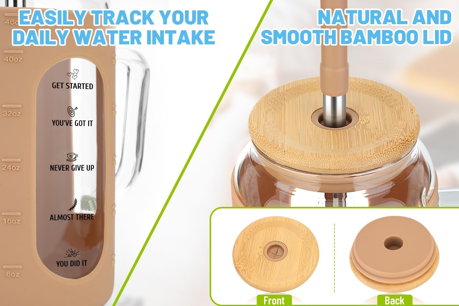 Zenbo Vaso de vidrio de 50 onzas con asa, tapa y pajilla, vaso de agua motivacional con marcador de tiempo