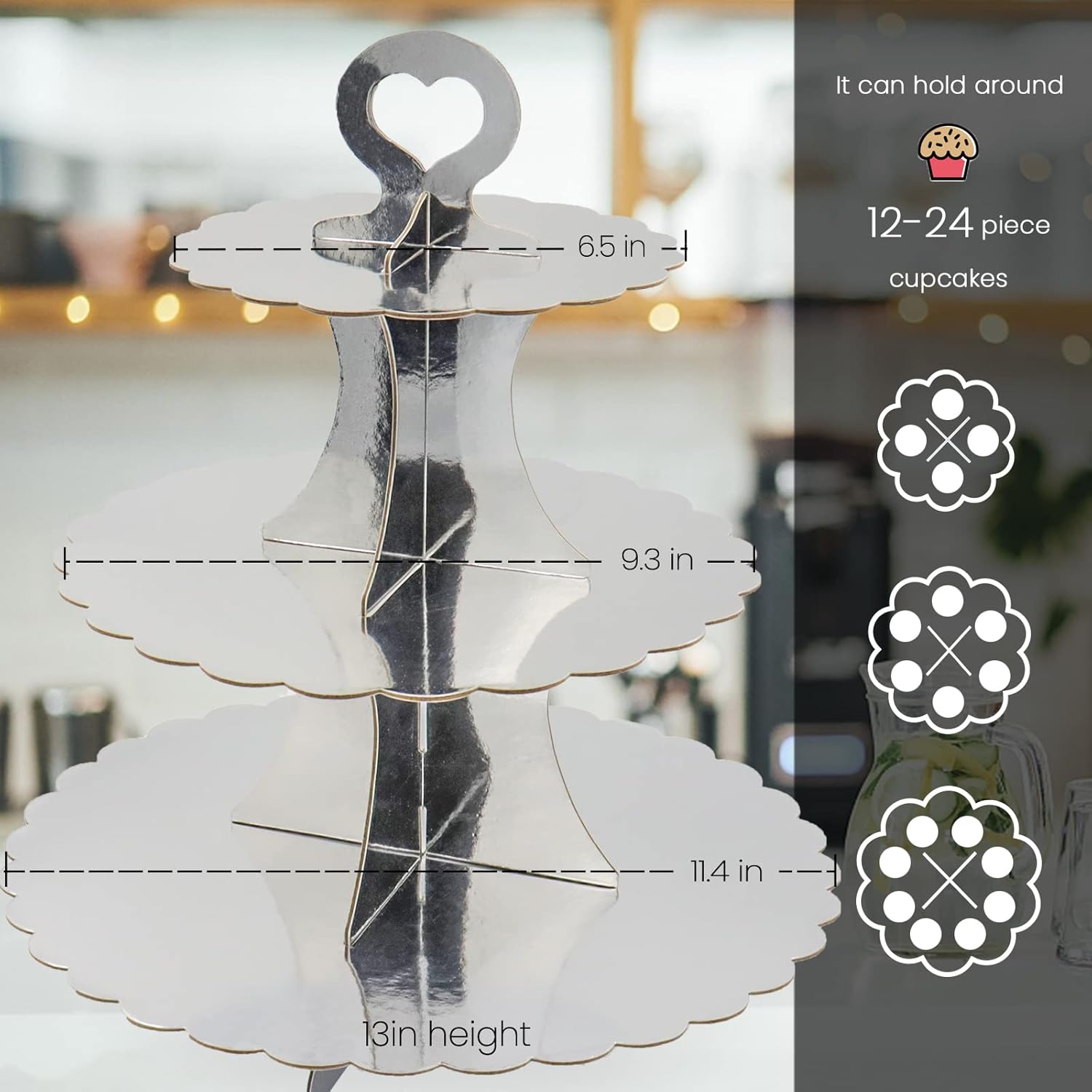 Soporte de torre para cupcakes, 2 unidades, soporte plateado para cupcakes, soporte de 3 niveles para 24 cupcakes, soporte de cartón para tartas,