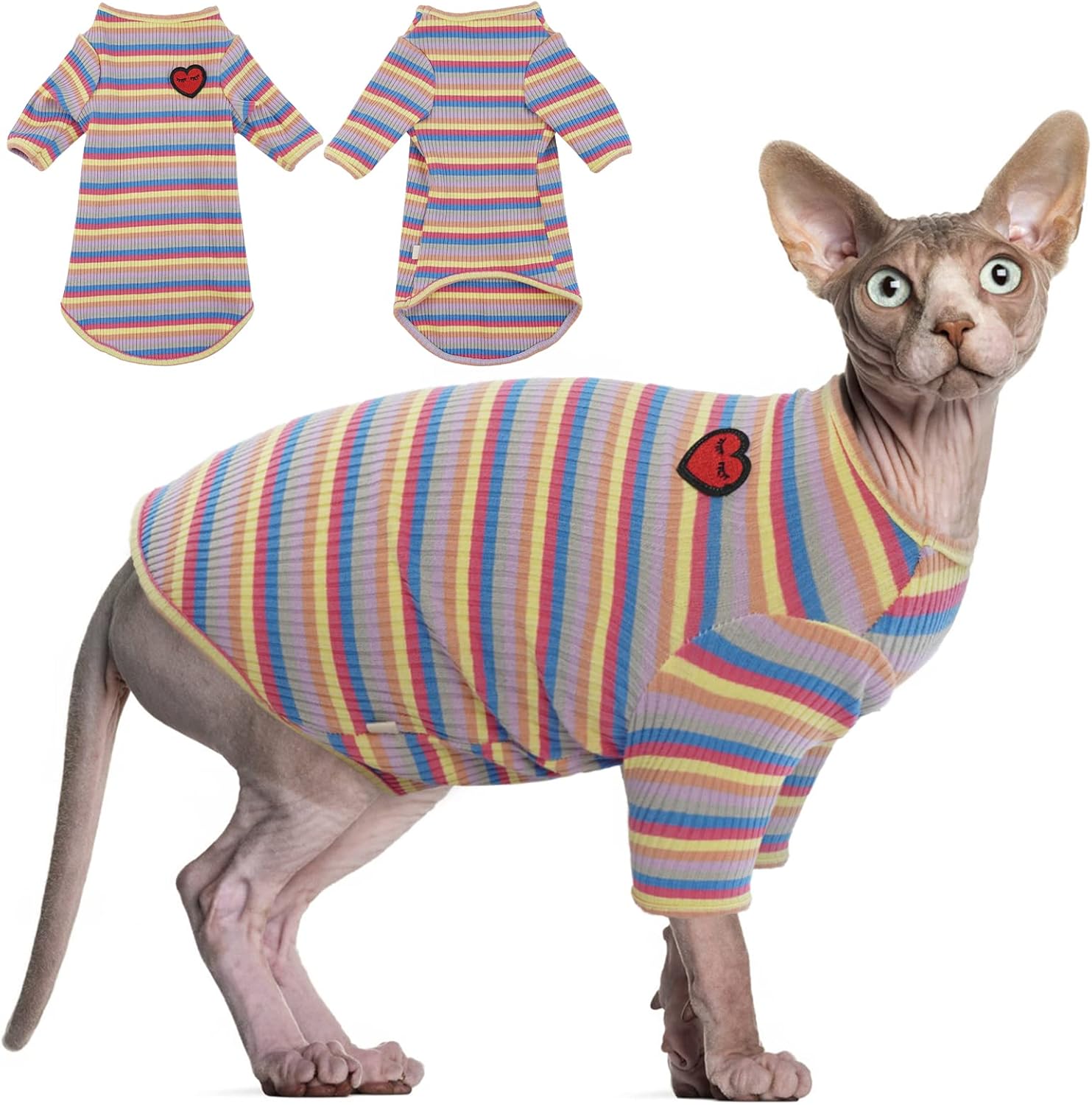 Bonaweite Sphynx Camisa de gatos sin pelo, Cornish Rex Kitten Rainbow Stripe Camisetas con mangas, suéter de cuello alto transpirable para gatos,