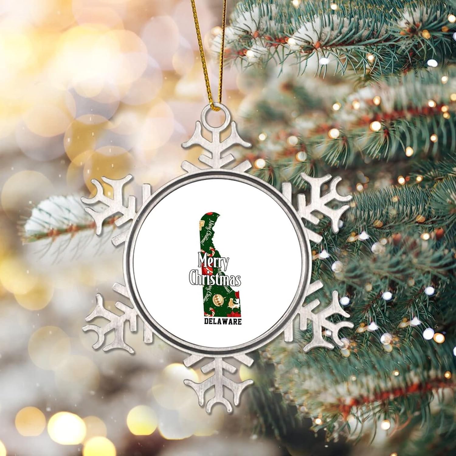 Adorno de Navidad de metal con mapa de Estados Unidos de Delaware State DE para colgante de árbol de Navidad, recuerdo colgante, recuerdo de