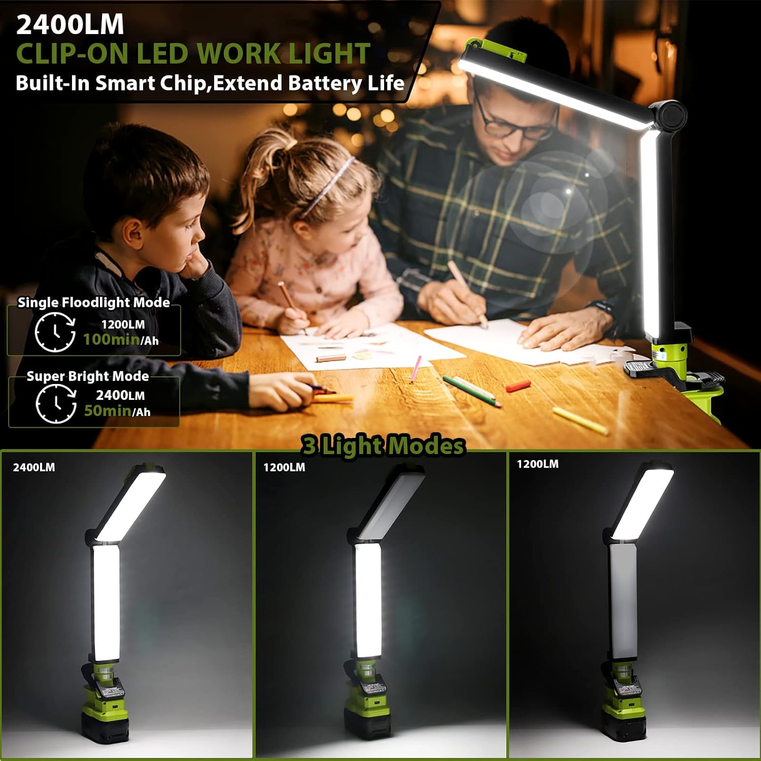 Taingwei Luz de trabajo LED de 2400LM con clip para batería Ryobi de 18 V, luz de inundación de 30 W para reparación de automóviles, camping,