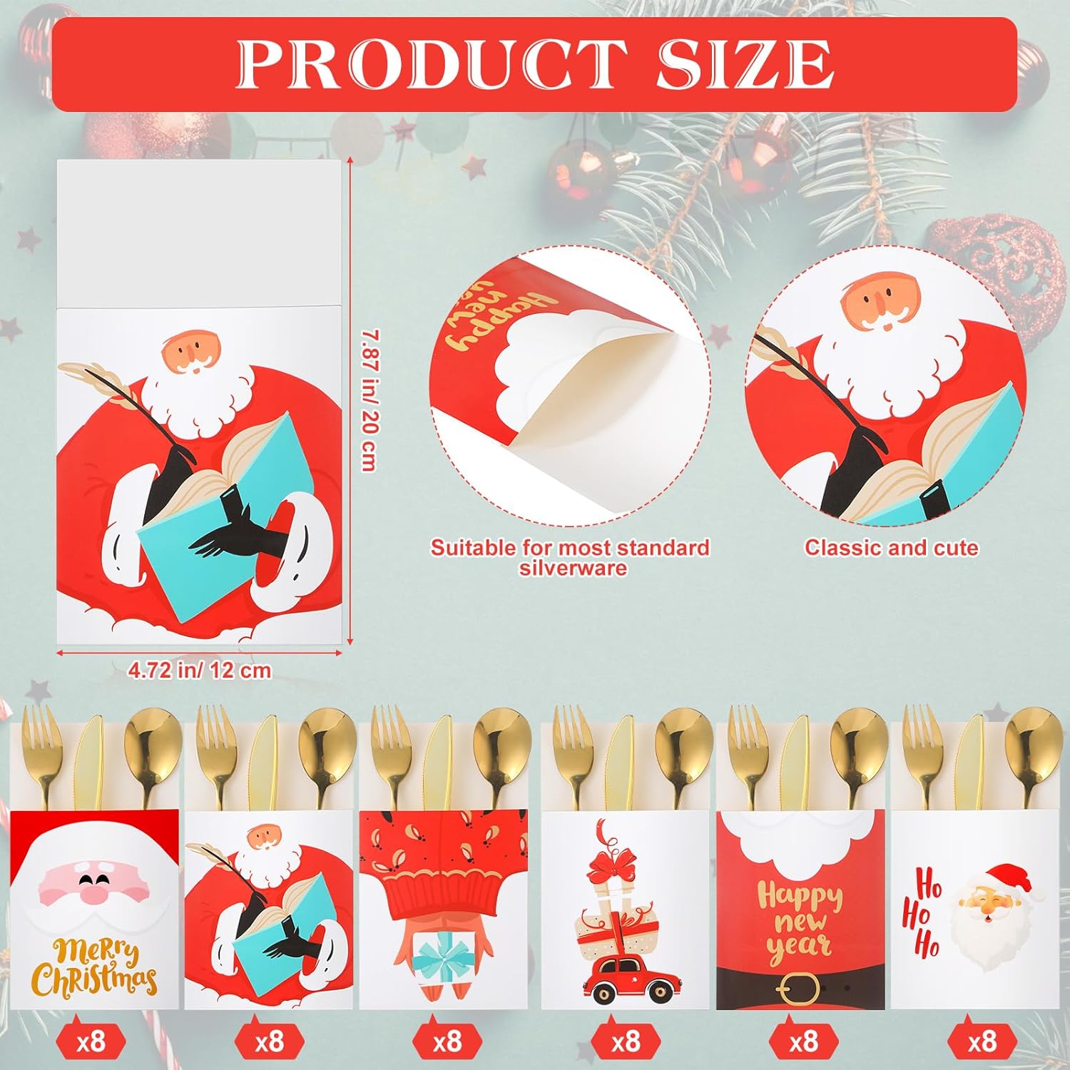 48 soportes para cubiertos de Papá Noel de Navidad, con bolsillos, soporte para cubiertos de Navidad, bolsas, cuchillos, tenedores, bolsa para