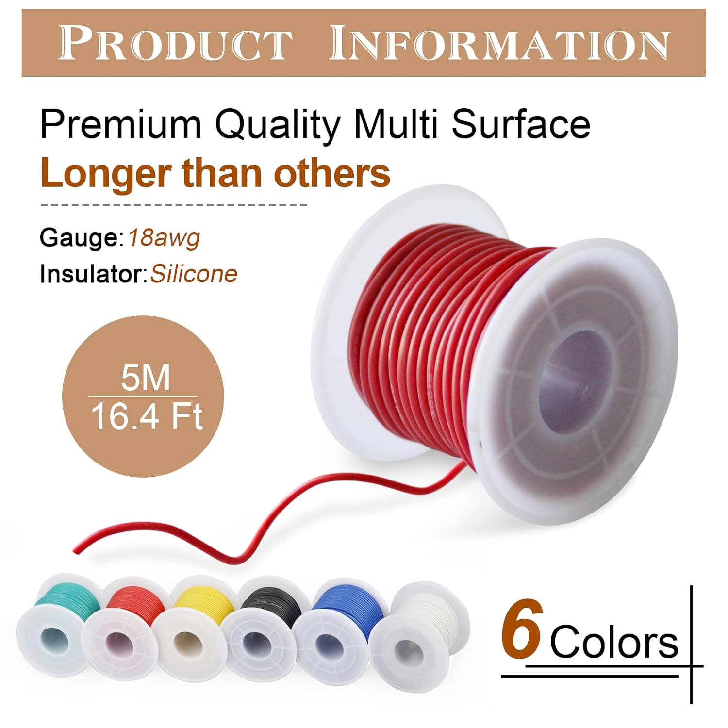 Cable eléctrico de silicona 18 AWG, kit de cable eléctrico THUN-CT de 6 colores (17 pies cada uno), cable de cobre estañado, kit de cables de