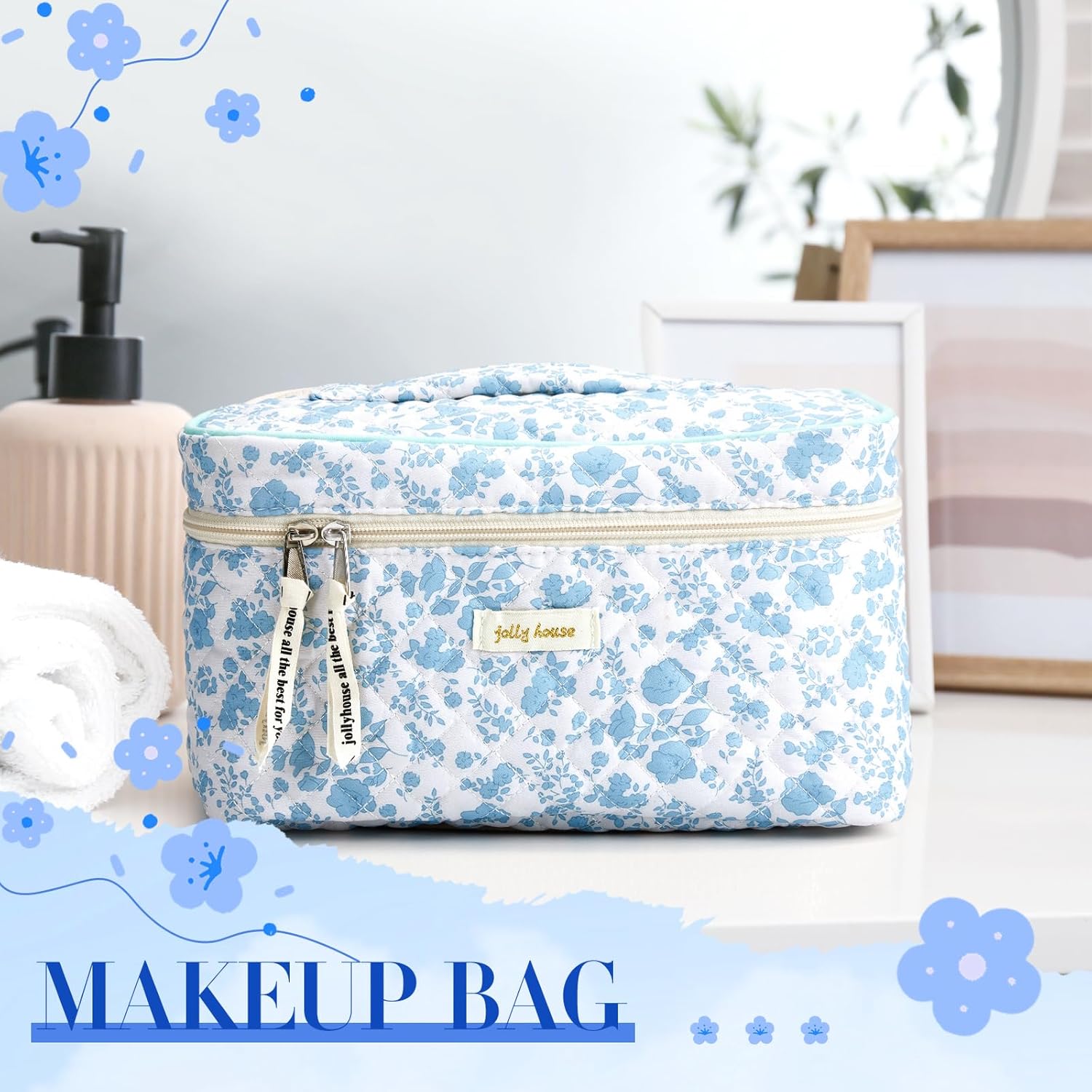 2 bolsas de maquillaje acolchadas de algodón, bolsa grande de viaje para cosméticos, estética, linda peonía floral, organizador de artículos de