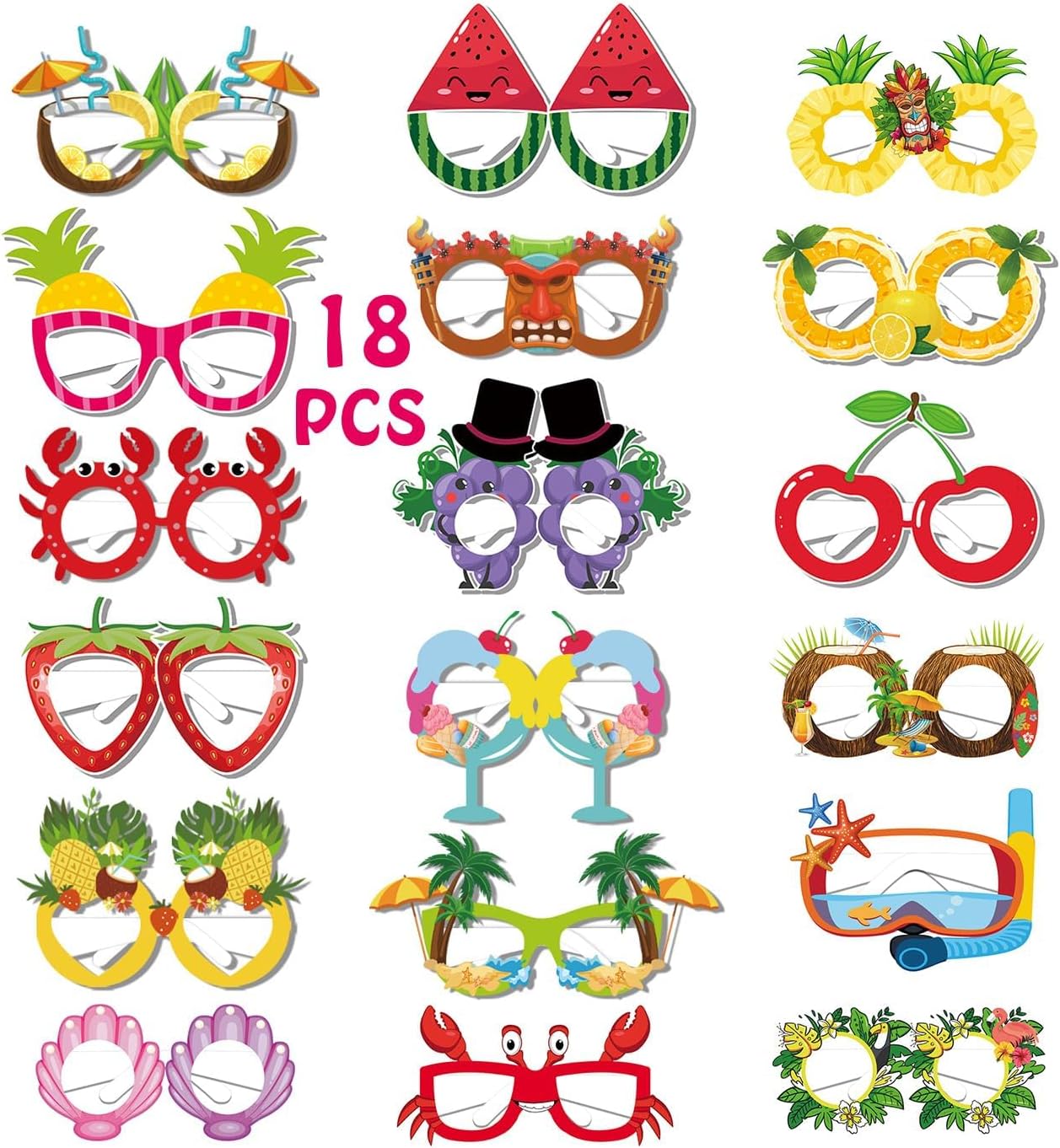 Lessgel – Gafas hawaianas de 18 estilos para recuerdos de fiesta, decoración tropical de fiesta en la piscina, divertidas gafas de sol de papel,
