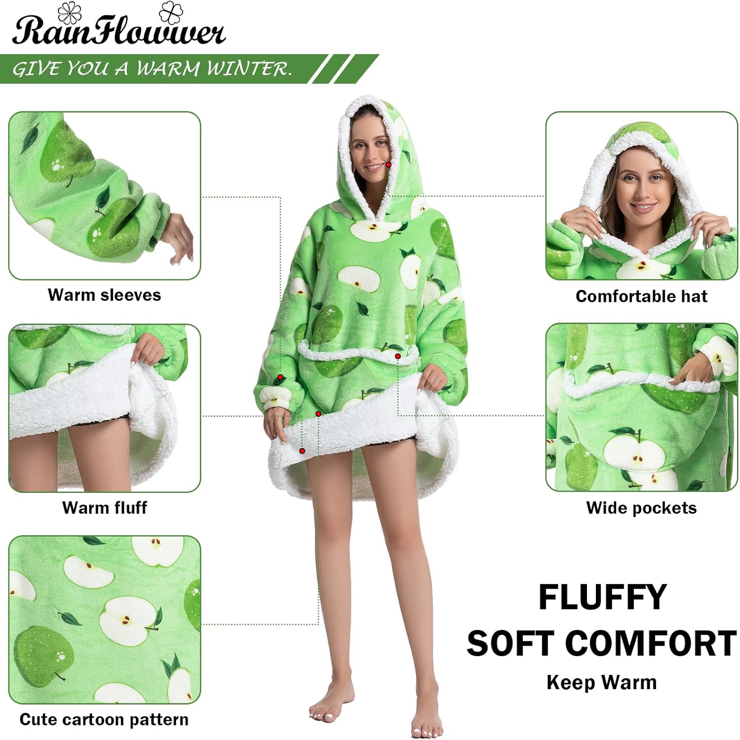 RainFlowwer Manta con capucha de gran tamaño para mujeres y hombres, cálida sherpa FLeece gigante con capucha con bolsillo