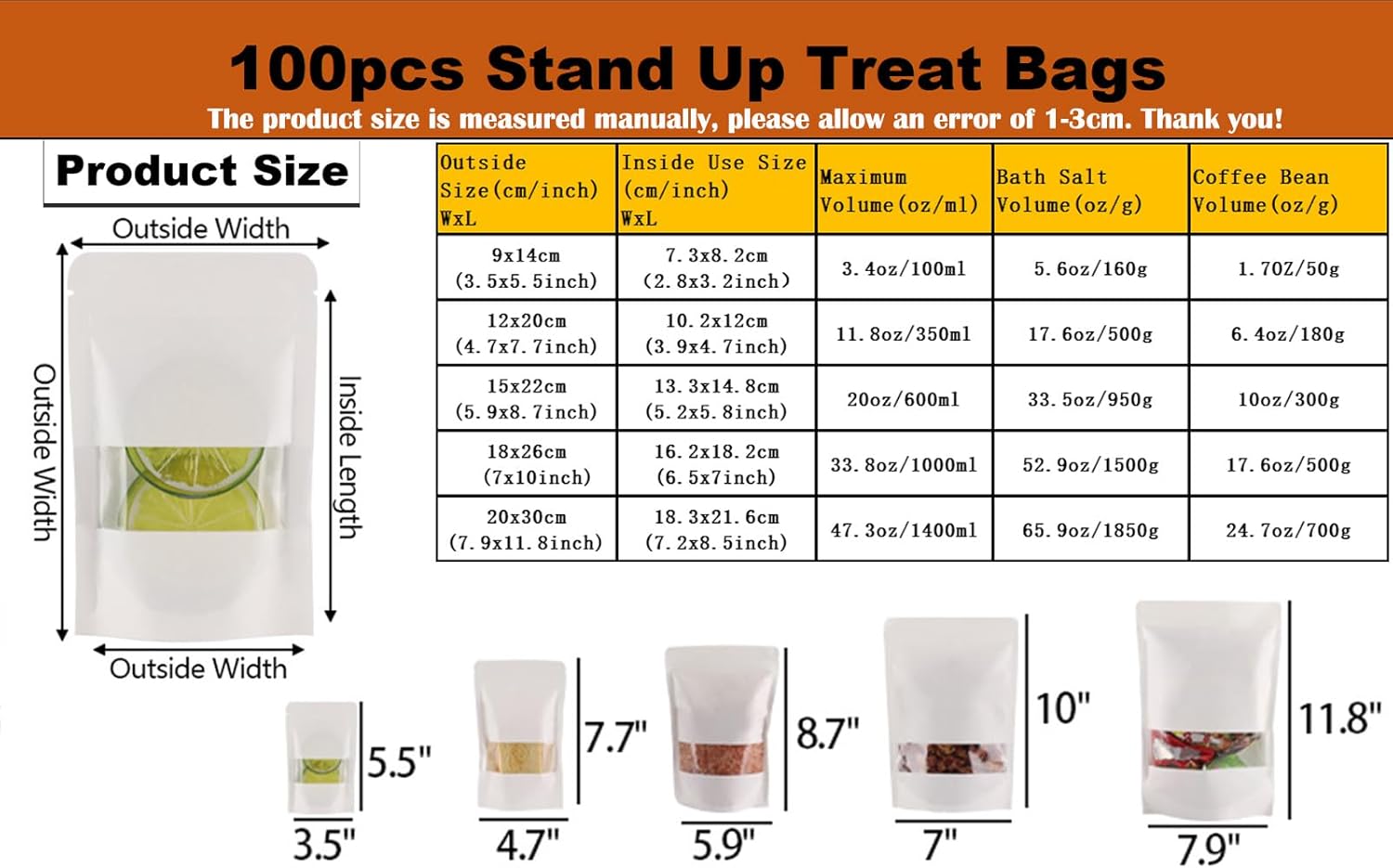 100 bolsas de papel kraft para golosinas, bolsas con cierre hermético resellables con ventana para almacenar galletas, aperitivos, café, color