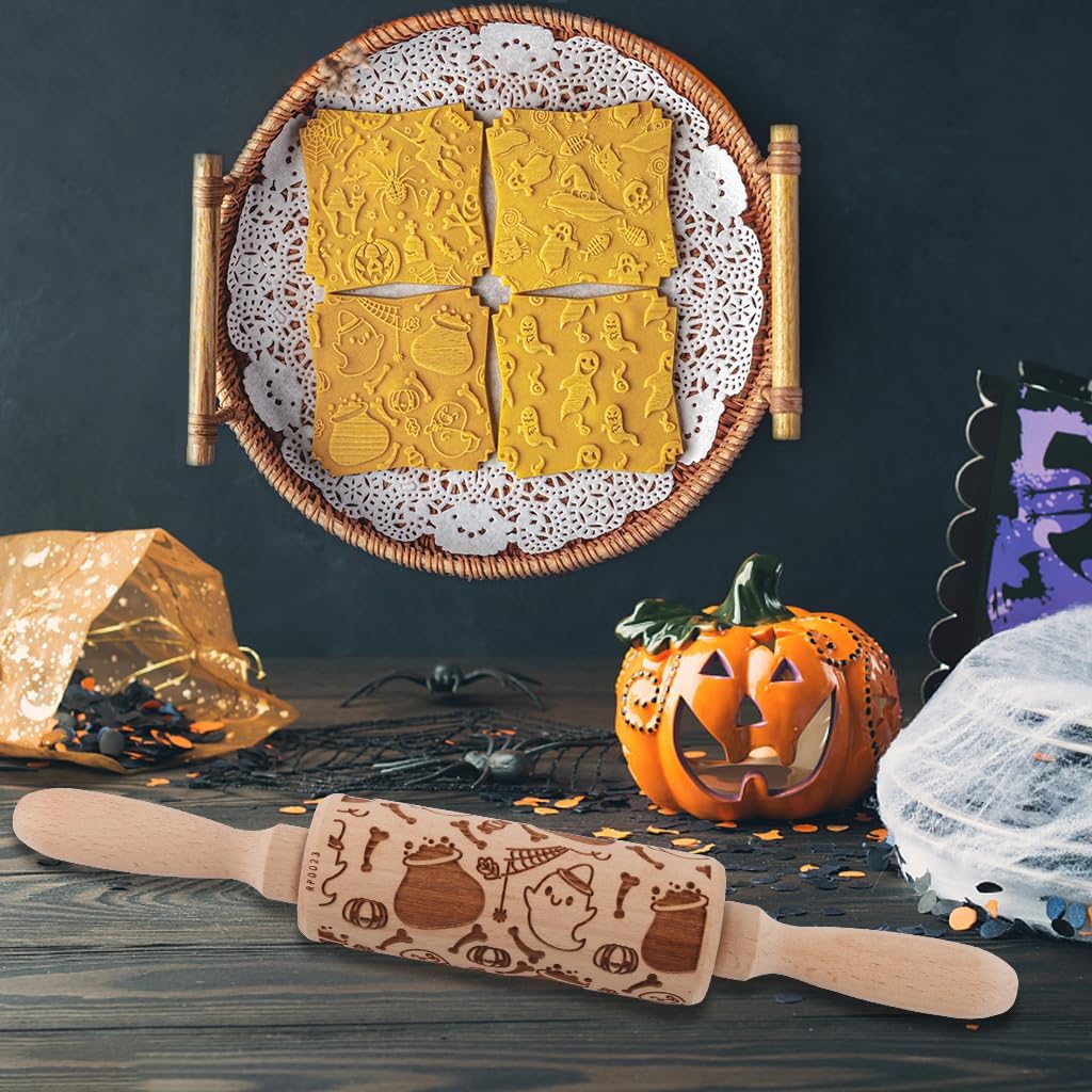 Rodillo en relieve de Halloween para galletas, rodillos de madera, diseños espeluznantes para hornear de Halloween, rodillos de madera en relieve (C)