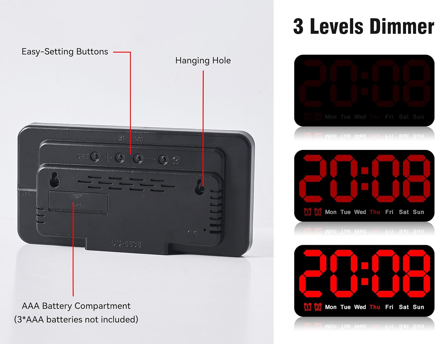 Triangle Plum Reloj de pared digital grande, 9.5 pulgadas, despertador LED con dígitos grandes, DST, alarma doble, brillo de 3 niveles para sala de