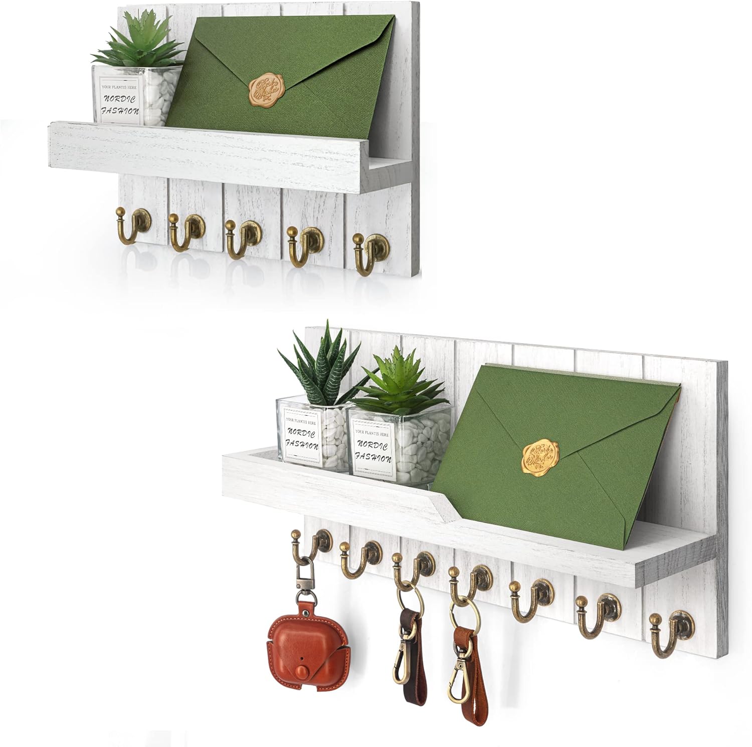 Rebee Vision Juego de llaves para pared 10″ Llavero con 5 ganchos y 15″ Llavero con 7 ganchos para decoración de pared de granja – Blanco