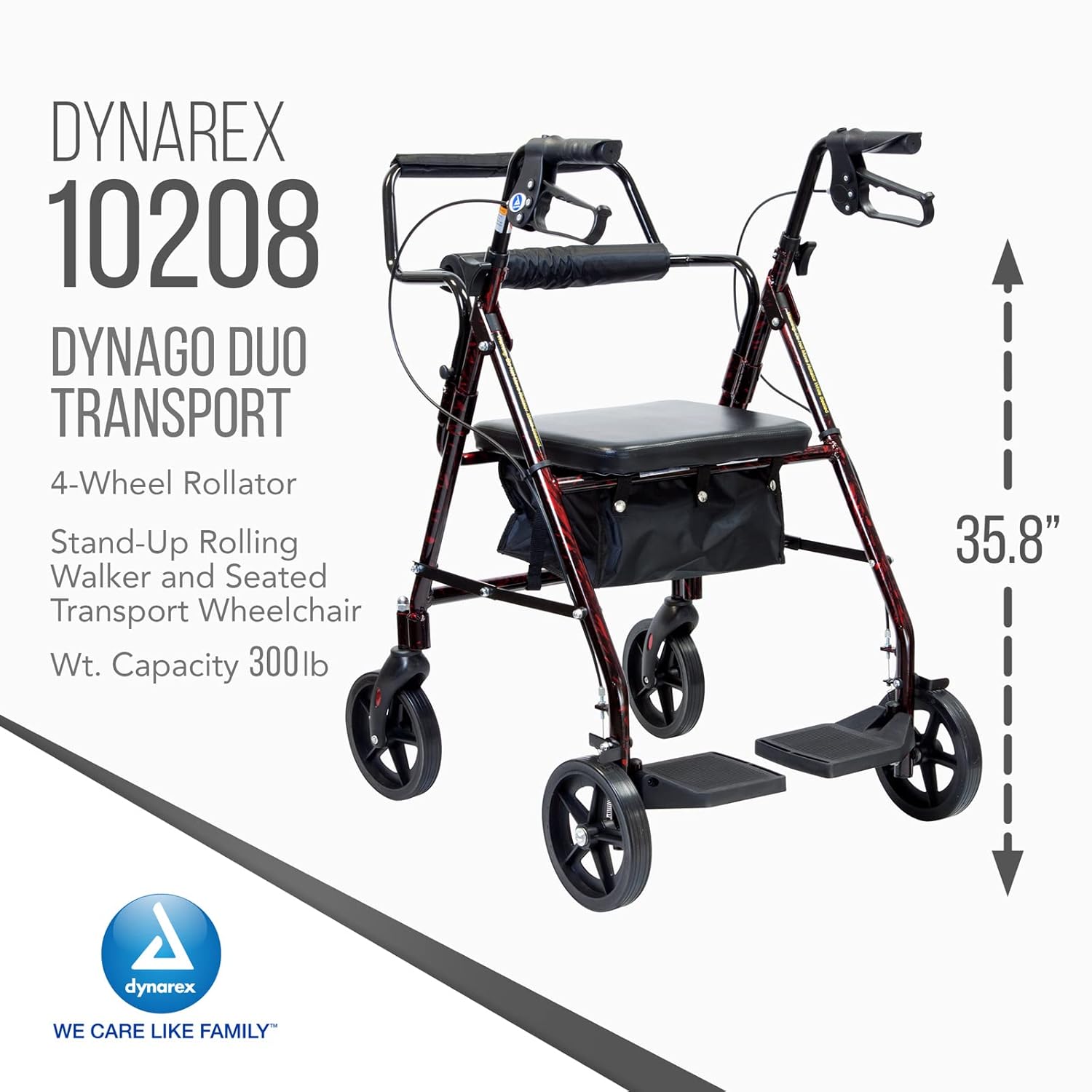 Dynarex DynaGo Duo Transport 4 ruedas – Andador con ruedas de pie y silla de ruedas de transporte sentada – Reposapiés plegables, capacidad de peso