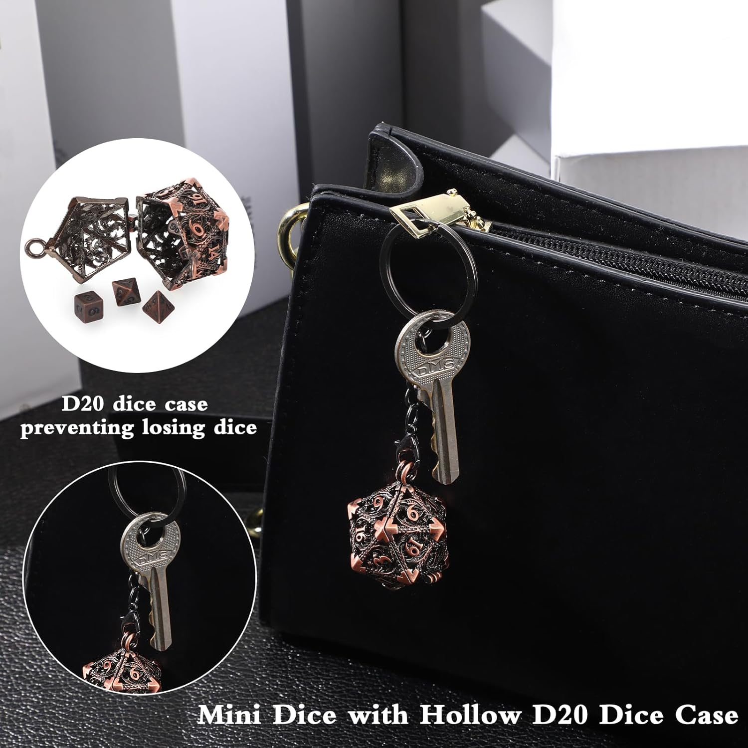 Syhood Juego de dados pequeños, 7 piezas de dados pequeños de metal, collar hueco D20, estuche de dados, llavero, juegos de mesa para juegos de rol,