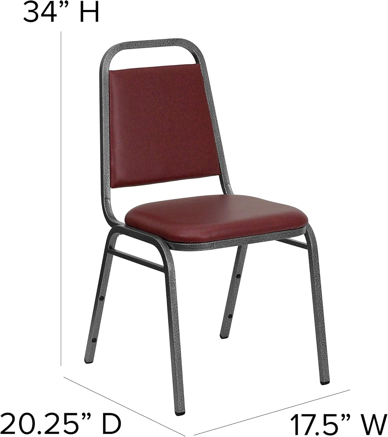 BizChair Paquete de 4 sillas de banquete apilables con respaldo trapezoidal en vinilo burdeos, asiento de 1.5 pulgadas de grosor