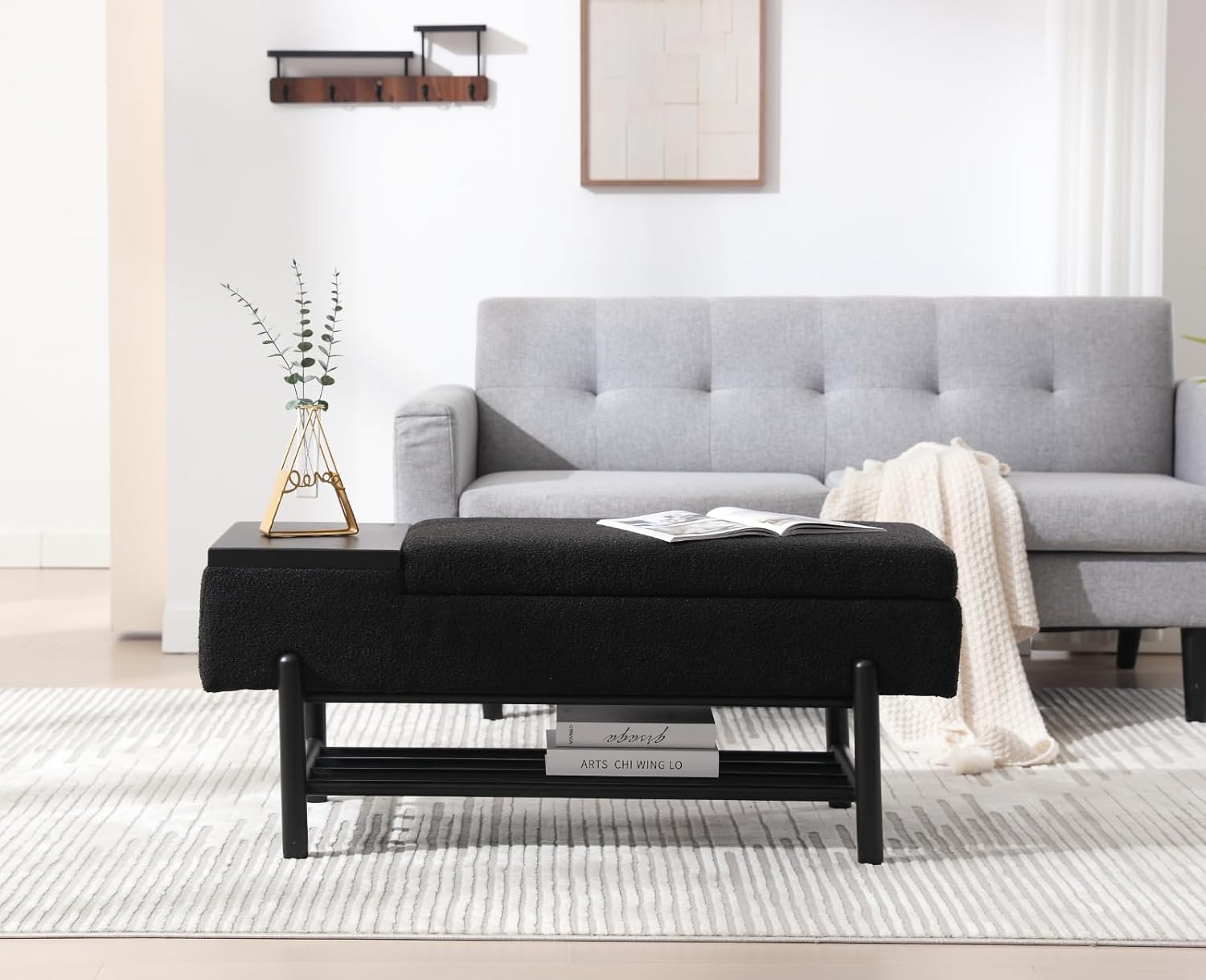 CIMOTA Banco de almacenamiento de entrada para dormitorio, banco otomano tapizado de sherpa con almacenamiento de zapatos de madera, mesa de centro