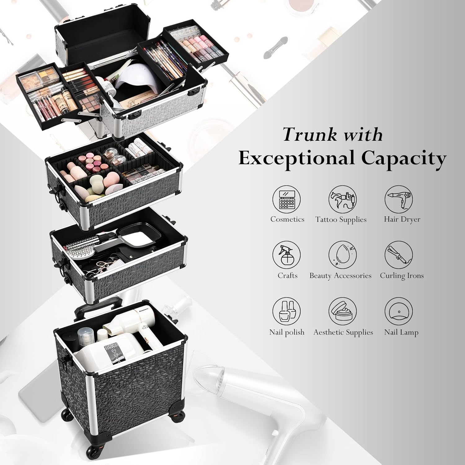 Stagiant 4 en 1 Estuche de maquillaje rodante grande de almacenamiento para cosméticos 4 en 1 Carro de gran capacidad Estuche de viaje de maquillaje