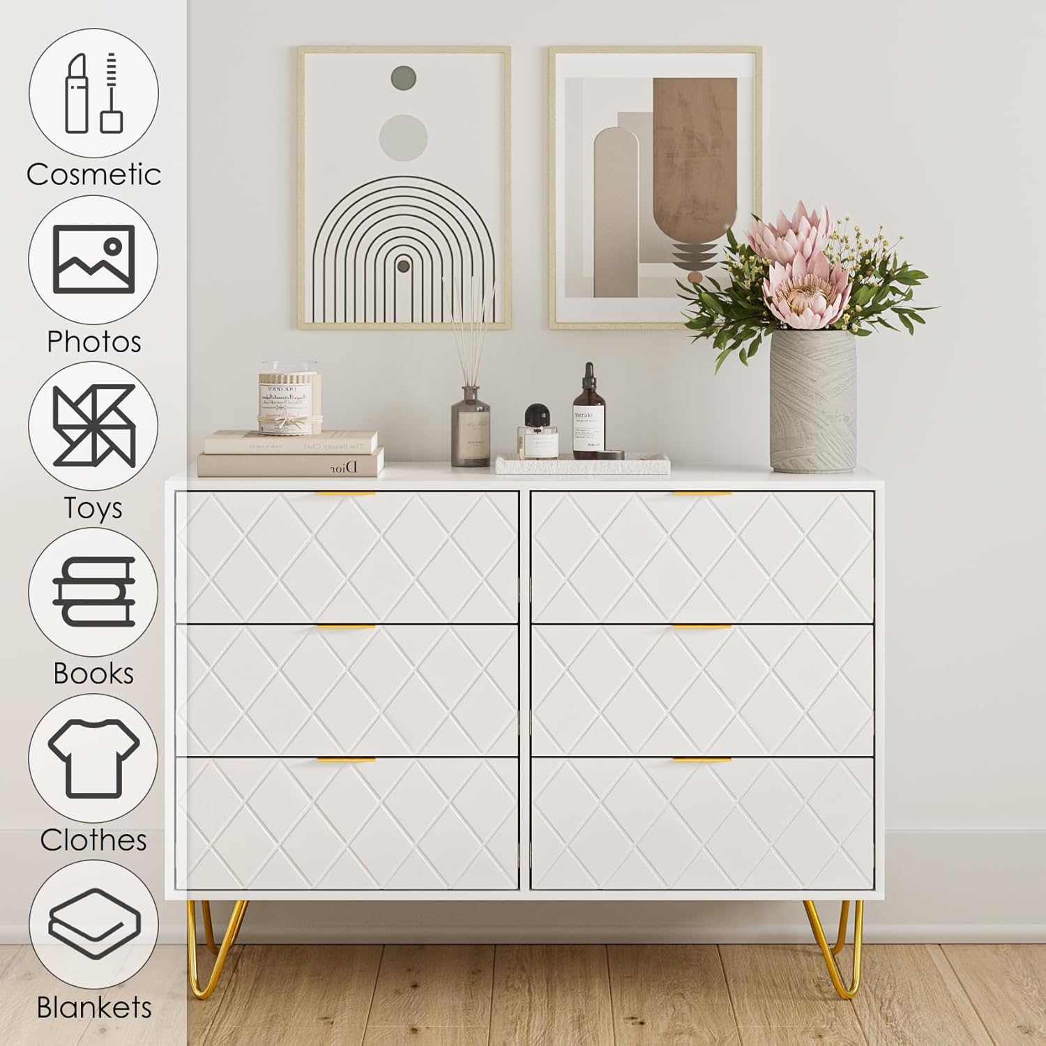 Masupu Cómoda de 6 cajones, moderna cajonera, cómoda de almacenamiento ancha con patas de metal, cómoda para dormitorio, sala de estar, armario,