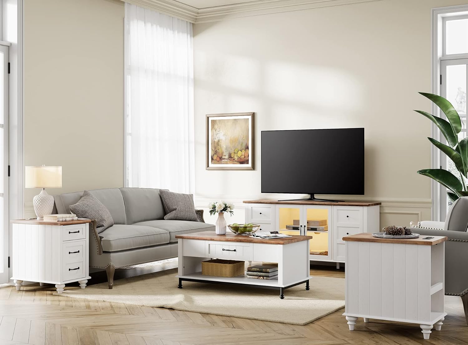 WAMPAT Soporte de TV de granja con armario de almacenamiento, soporte universal de TV de vidrio y madera, centro de entretenimiento blanco para